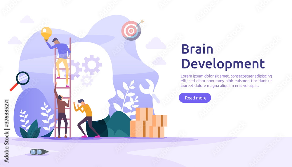 illustration flat design of thinking creative, brain development and mental rest with people character. template for web landing page, banner, presentation, social, poster, promotion or print media