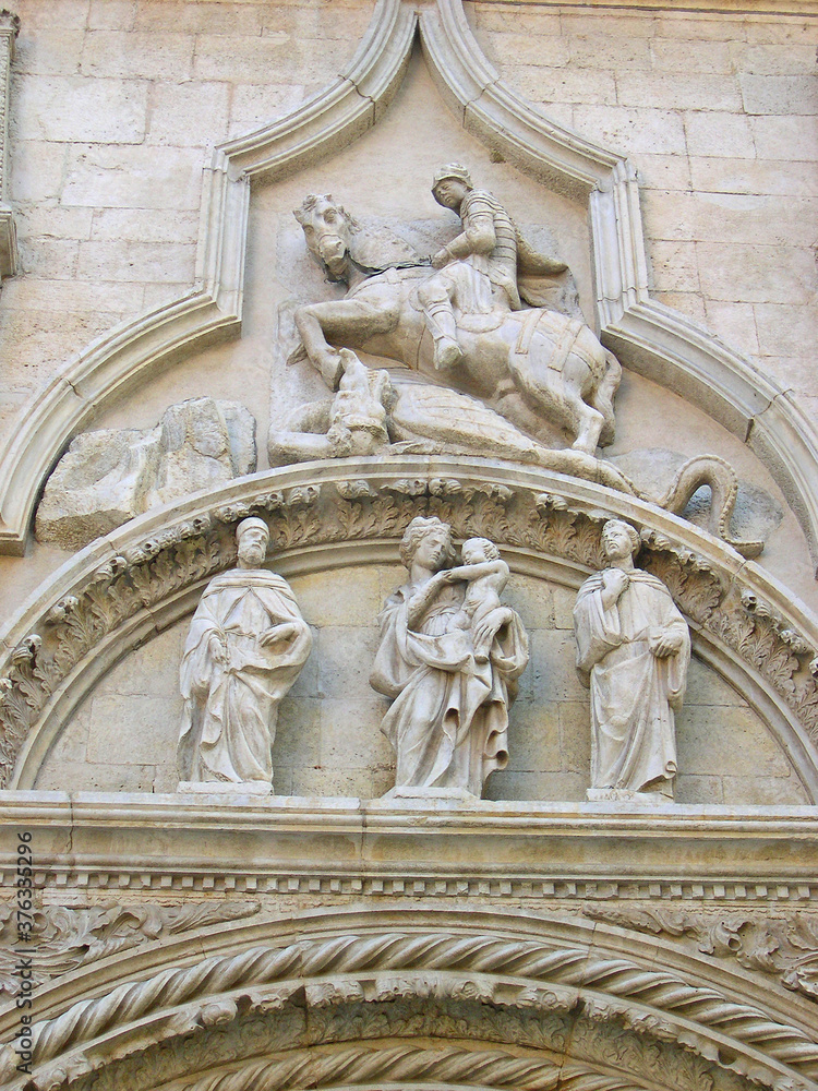Italy, Marche, Tolentino, Saint Nicolas Basilica frontal decorations.