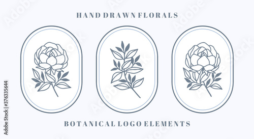 Set of blue botanical peony flower and leaf element for feminine beauty logo and brand