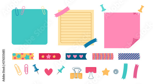 Office elements planning set stationery. School design elements for notebook, diary. Notebook with paper clip, pin, clothespin, scotch tape collection. Blank notes memo messages. Isolated vector