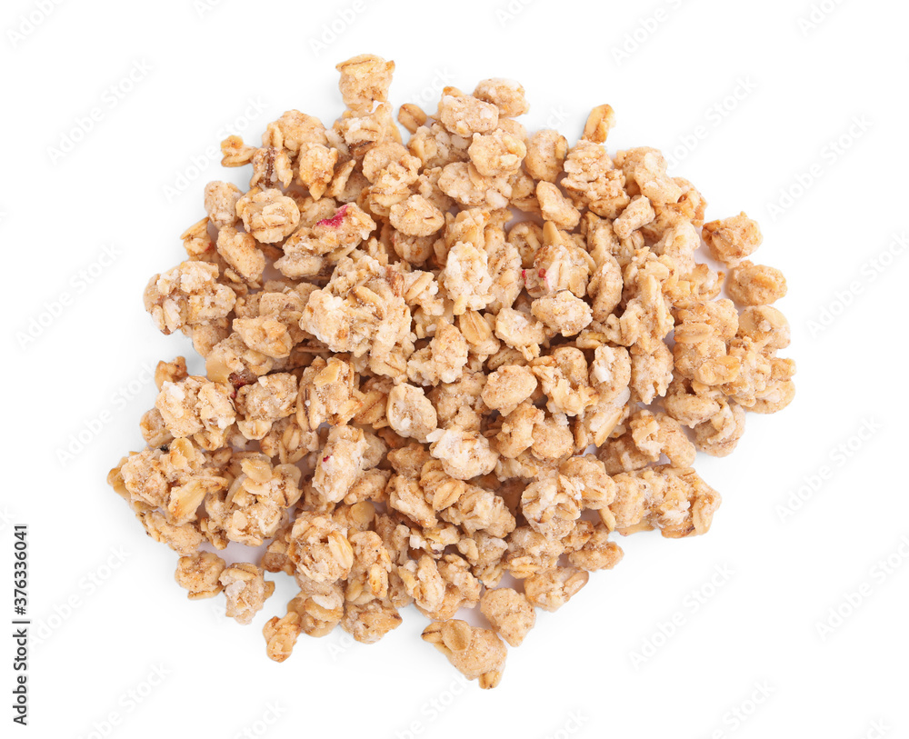 Heap of tasty crispy granola on white background, top view Heap of tasty crispy granola on white background, top view