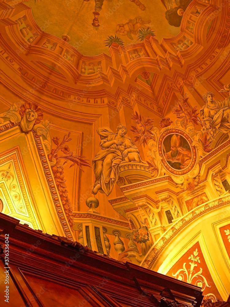 Italy, Marche, Tolentino, Saint Nicolas Basilica ceiling decoration.