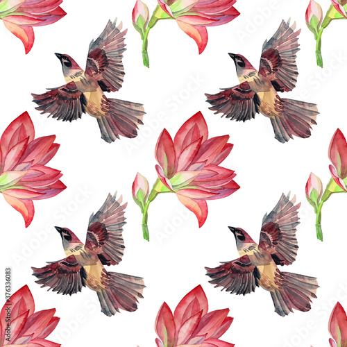 Seamless pattern with watercolor pink flower and bird sparrow on white. Creative nature realistic background for card  wallpaper  textile  wrapping  florist  celebration  wedding