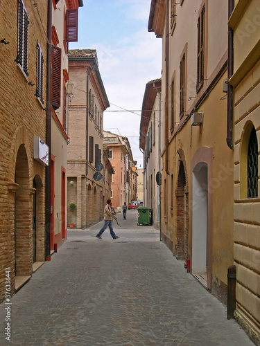 Italy, Marche, Tolentino, typical city medieval street. © claudiozacc