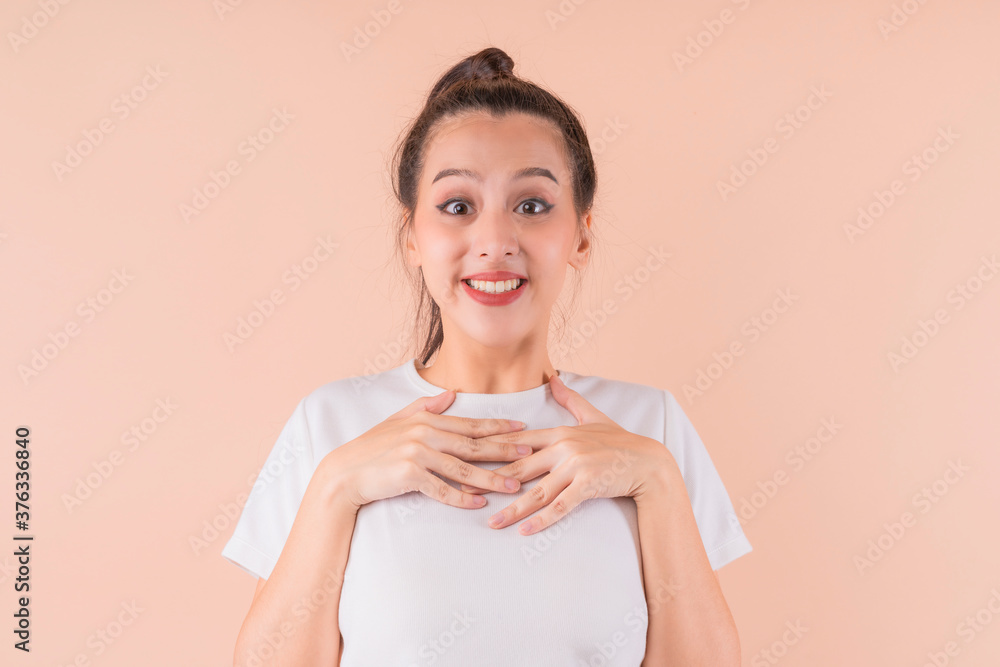 exiting asian female attractive woman hand up gesture amazing emotion isolate color background exiting asian female attractive woman hand up gesture amazing emotion isolate color background
