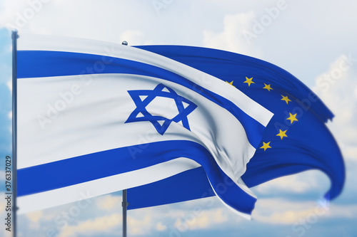 Wallpaper Mural Waving European Union flag and flag of Israel. Closeup view, 3D illustration. Torontodigital.ca