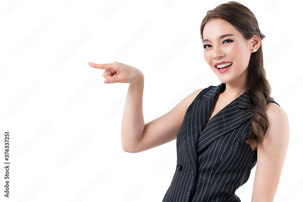 young attractive asian female woman gesture hand sign finger point show copyspace isolate white background young attractive asian female woman gesture hand sign finger point show copyspace isolate white background