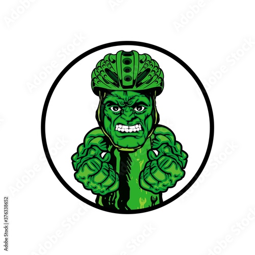 Green Monster Cyclist Cartoon Logo Mascot Element in Circle