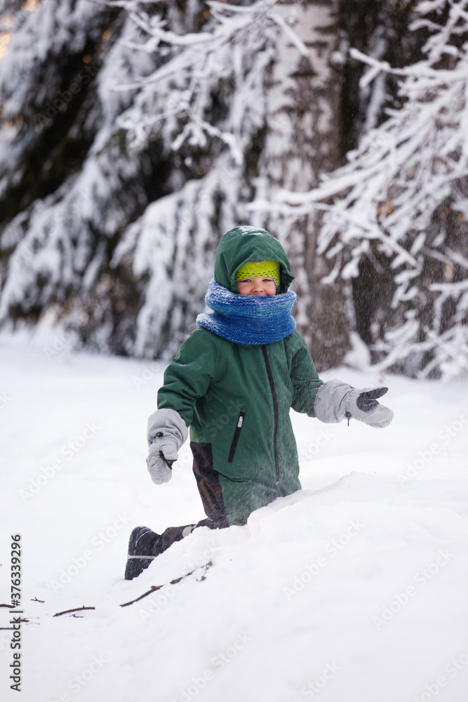 Portrait of a cute little boy in warm clothes who play with snowflakes in winter sunny frosty day, beautiful seasonal card, Siberia nature, kids play, having fun in wonderland forest