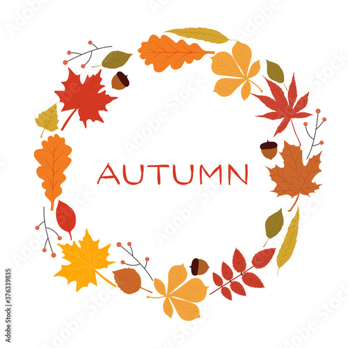 Autumn wreath of leaves, branches and acorns. 