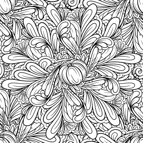 Black and white autumn vector seamless pattern. Pumpkins and autumn leaves background.