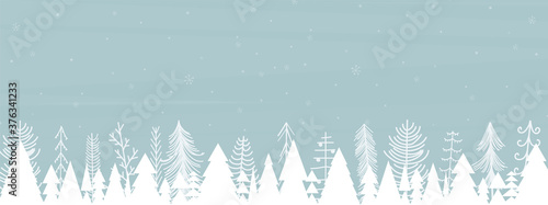 Winter holiday background. Landscape white tree forest with blue sky with snowing. Christmas season. Cartoon doodle style. Vector illustration.