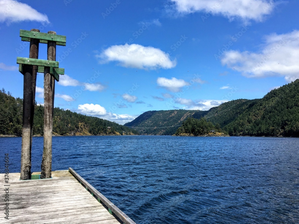 A remote photo of a wooden dock space for a boat surrounded by beautiful ocean and forested mountains in saanich inlet, Vancouver island, Canada