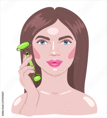 Young woman holding in hands green stone face massage roller and gua che scraper. Essence awaiting massage. Stylish trendy print for packaging.  Isolated on white background. Flat cartoon 
style