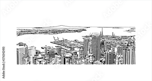 Building view with landmark of Auckland, based around 2 large harbours, is a major city in the north of New Zealand’s North Island. Hand drawn sketch illustration in vector.
