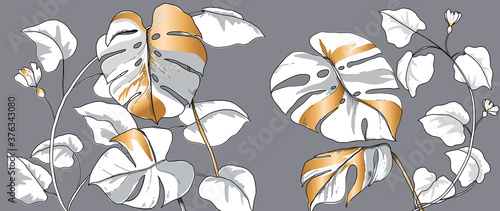 Floral seamless white and gray with golden metallic monstera plant background vector for house deco