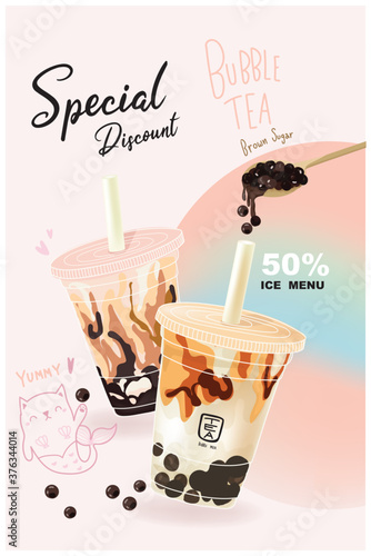 Promotion milk tea bubble brown sugar  matcha green tea vector