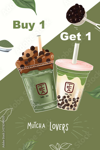 Promotion milk tea bubble brown sugar  matcha green tea vector