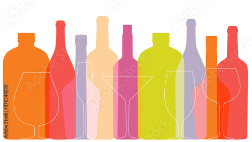Outline wine bottles and glasses on white background. Color background with contour bottles and glasses. Silhouettes in overprint style. Vector template for menu, festival, banner.
