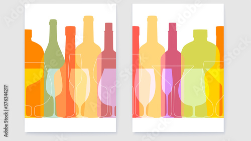 Set of posters with outline wine bottles and glasses. Silhouettes in overprinting style. Background with contour bottles and glasses. Vector template for menu, festival, banner.
