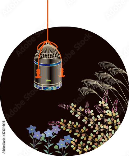 秋の野の草花と虫篭。日本の伝統柄