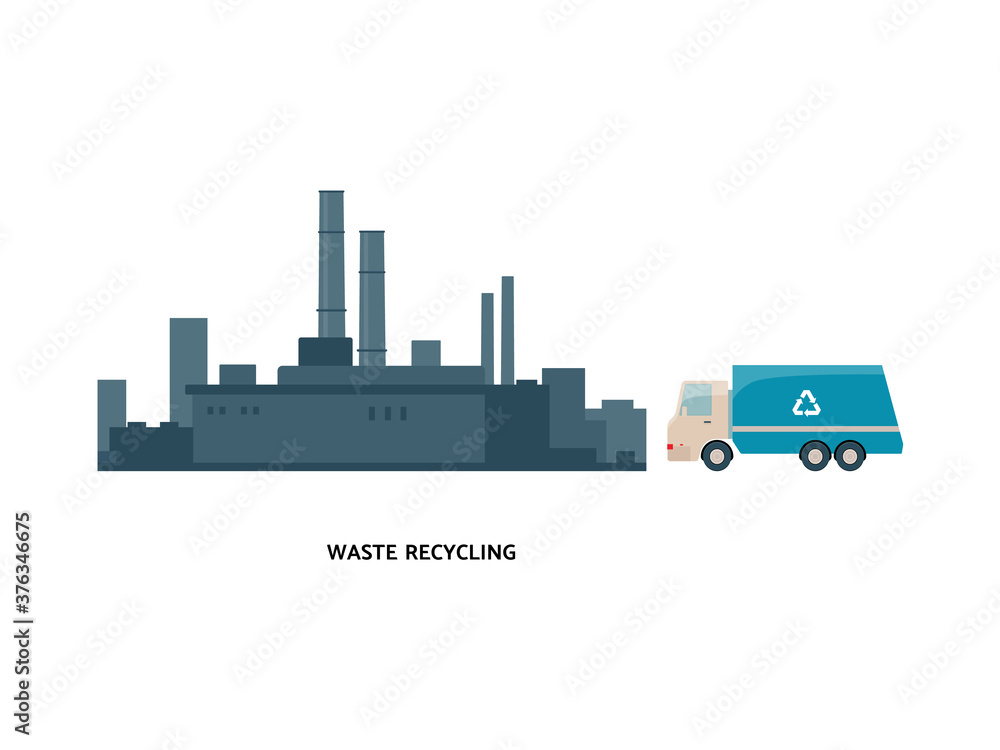 Vector illustration of a garbage recycling plant and a garbage truck.
