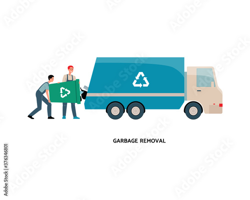 Garbage removal workers emptying recycling bin trash into truck
