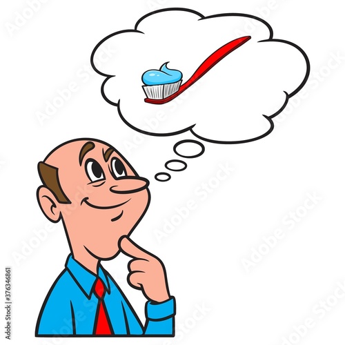 Thinking about a Toothbrush with Toothpaste - A cartoon illustration of a man thinking about a Toothbrush with Toothpaste.