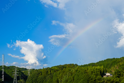 真夏の青空と虹 積乱雲 8月 背景素材 コピースペース