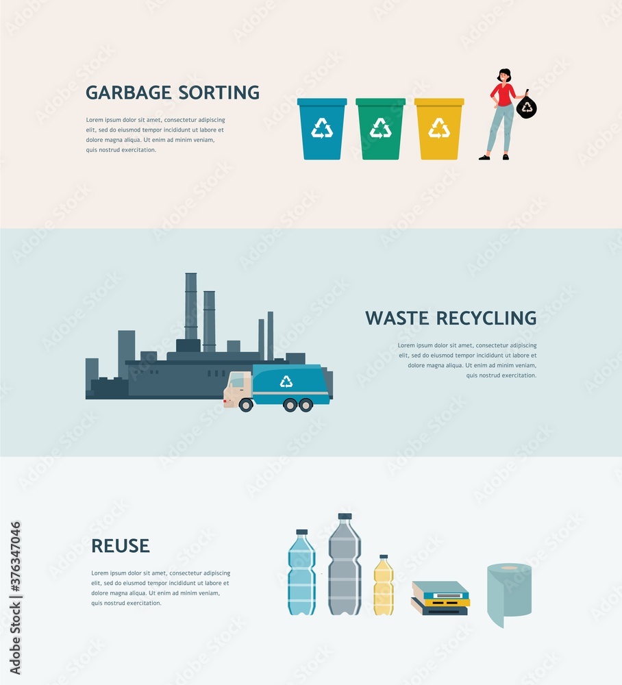 Garbage sorting and reusing - ecology poster with recycle process