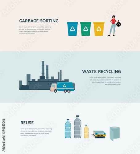 Garbage sorting and reusing - ecology poster with recycle process