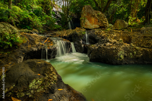 Tropical landscape. River in jungle. Soft focus. Slow shutter speed, motion photography. Nature background. Environment concept. Tabanan, Bali, Indonesia