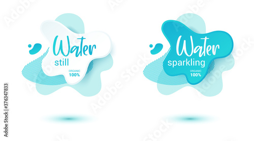 Mineral water tag. Blue label and stikers emblem with drops of water for web and print tag.Still and sparkling water label set. Vector illustration for you design.