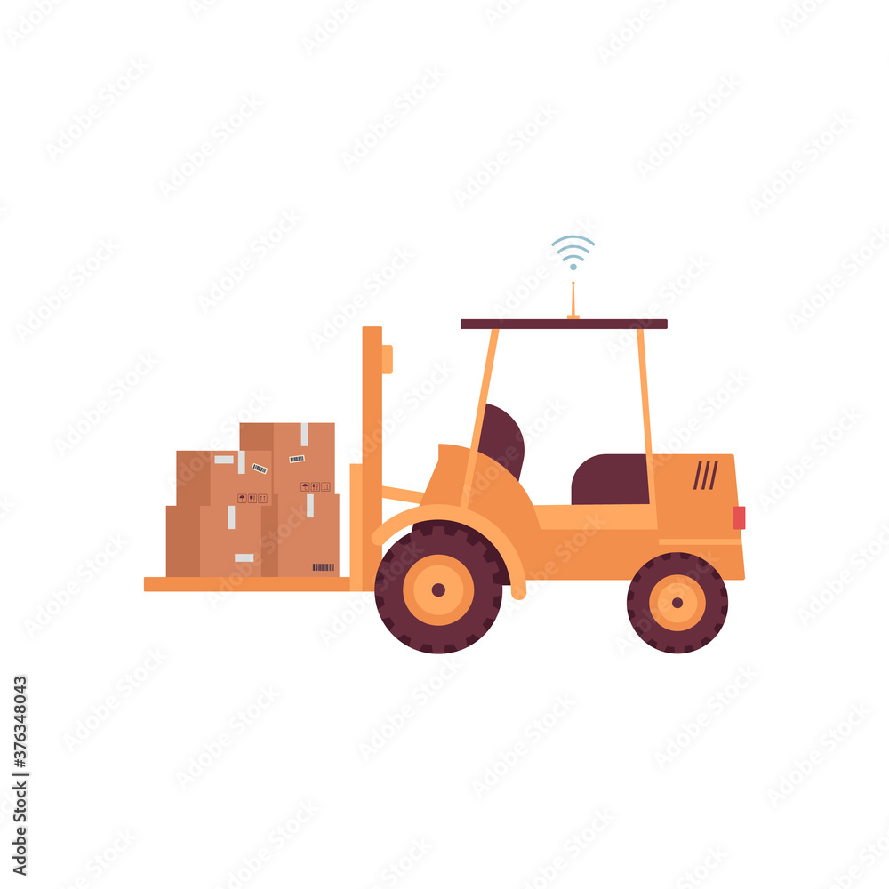 Yellow warehouse forklift carrying cardboard box stack Yellow warehouse forklift carrying cardboard box stack