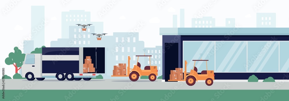 Warehouse with equipment for loading and warehousing flat vector illustration.