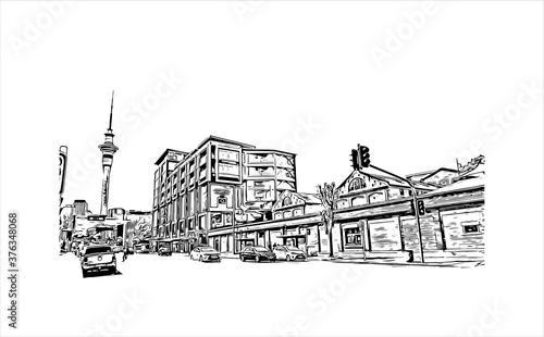 Building view with landmark of Auckland, based around 2 large harbours, is a major city in the north of New Zealand’s North Island. Hand drawn sketch illustration in vector.