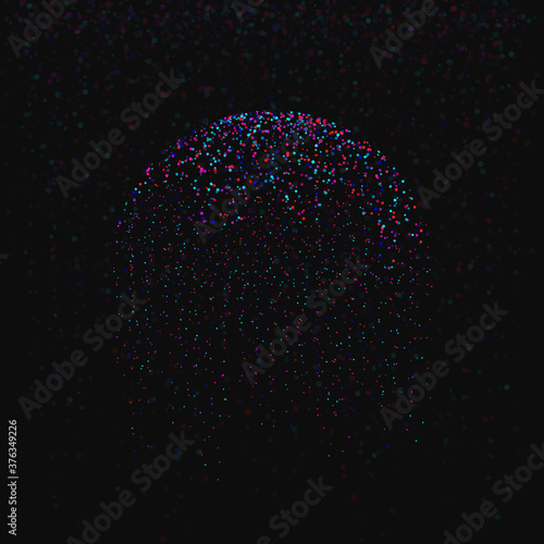 Big data visualization. Circular particles of falling multicolored data units on dark background. Science, technology theme. Vector illustration.