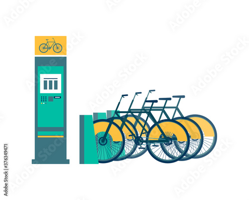 Isolated bike rent stand with rental bicycles and electric terminal