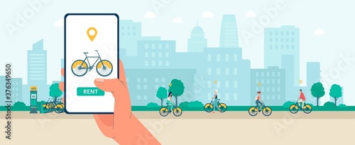 Cityscape with phone application of bike rental service flat vector illustration.