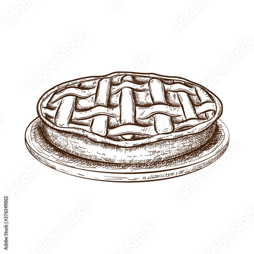 hand drawn apple pie, tart or cake on plate sketch isolated on white. pencil illustration of traditional fall pastry in vintage engraved style. Vector icon of sweet dessert with fruit, berry filling.
