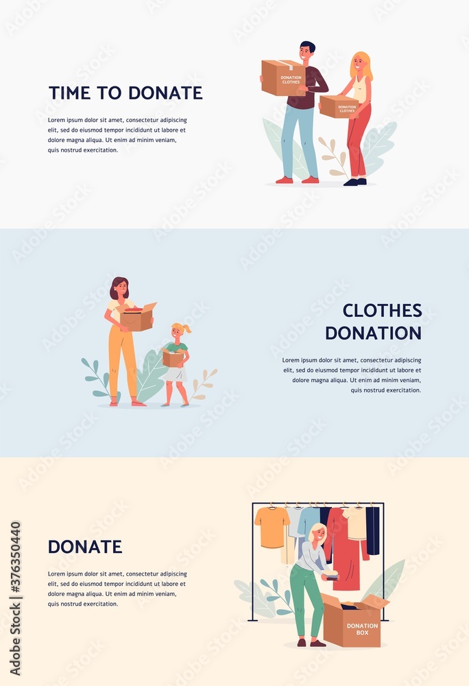 Clothes donation banner template set - cartoon people with cardboard boxes