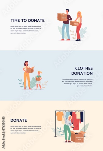 Clothes donation banner template set - cartoon people with cardboard boxes