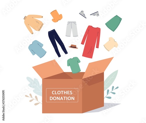 Charity and donate of clothing for poor people flat vector illustration isolated.