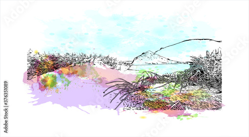 Building view with landmark of Auckland, based around 2 large harbours, is a major city in the north of New Zealand’s North Island. Watercolor splash with hand drawn sketch illustration in vector.