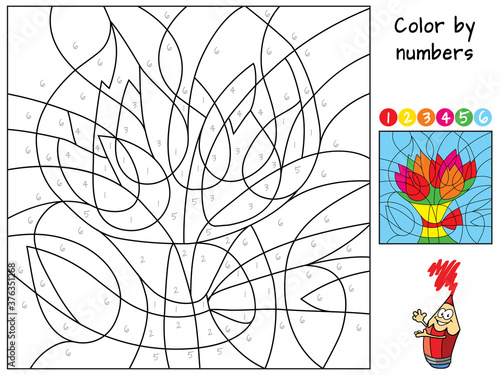 Bouquet of flowers. Color by numbers. Coloring book. Educational puzzle game for children. Cartoon vector illustration