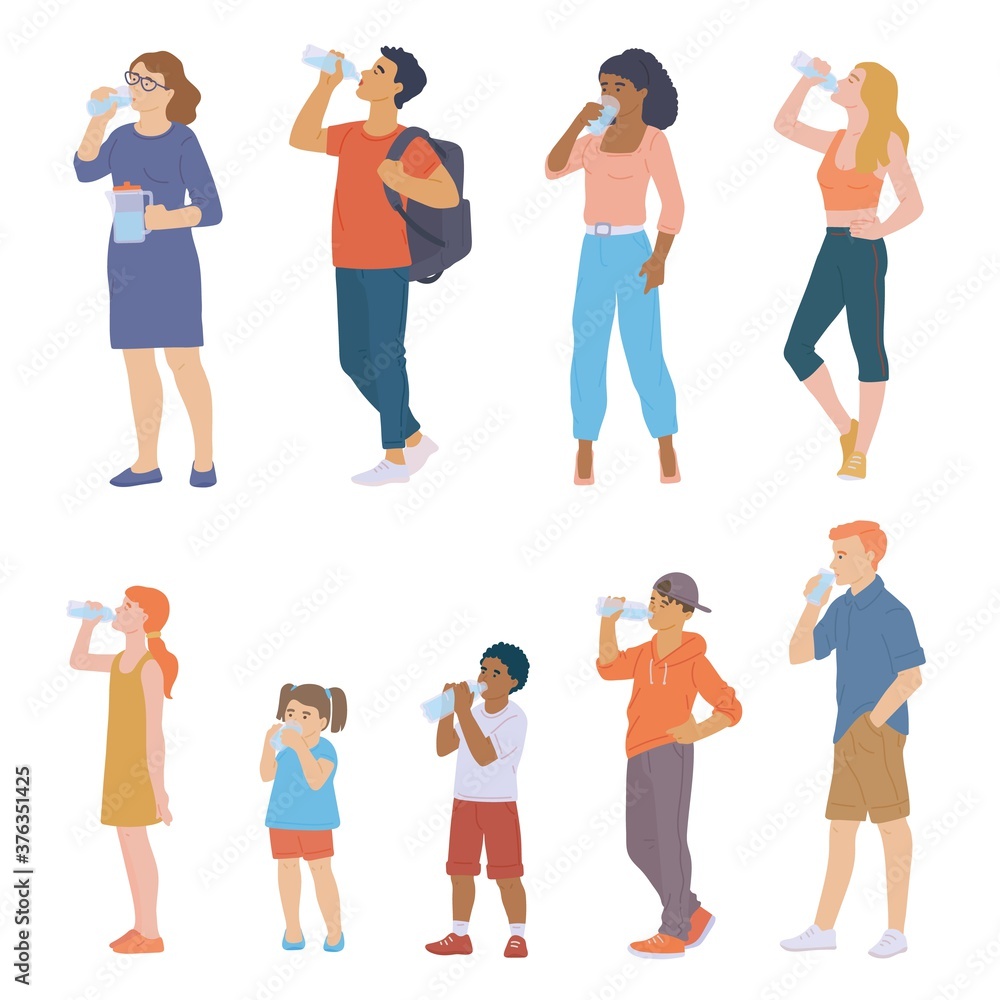 A set of vector flat isolated illustrations of people drinking water