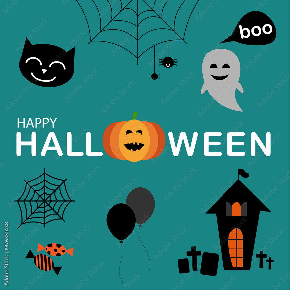 Obraz premium Cute vector set with halloween illustrations and icons set on blue background.