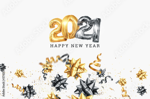Happy New Year, Inscription 2021 gold balloons on a light background, confetti, creative background. Year of the white bull, flyer, poster. 3D illustration, 3D render.