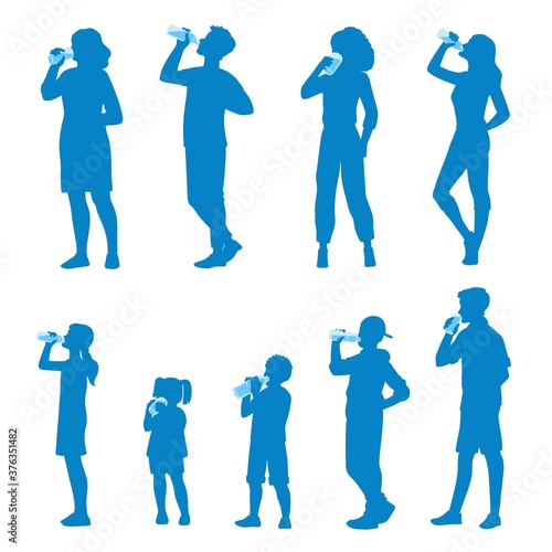 People silhouette drinking water, flat cartoon vector illustration isolated