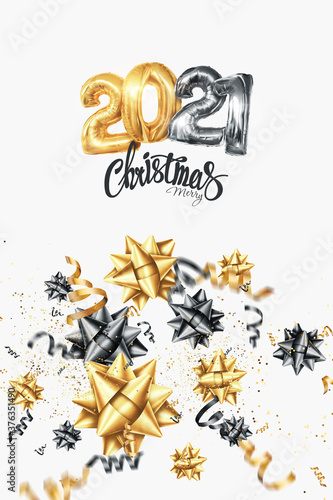 Inscription 2021 gold balloons on a light background, creative background. Happy new year, year of the white bull, flyer, poster, A4. 3D illustration, 3D render.
